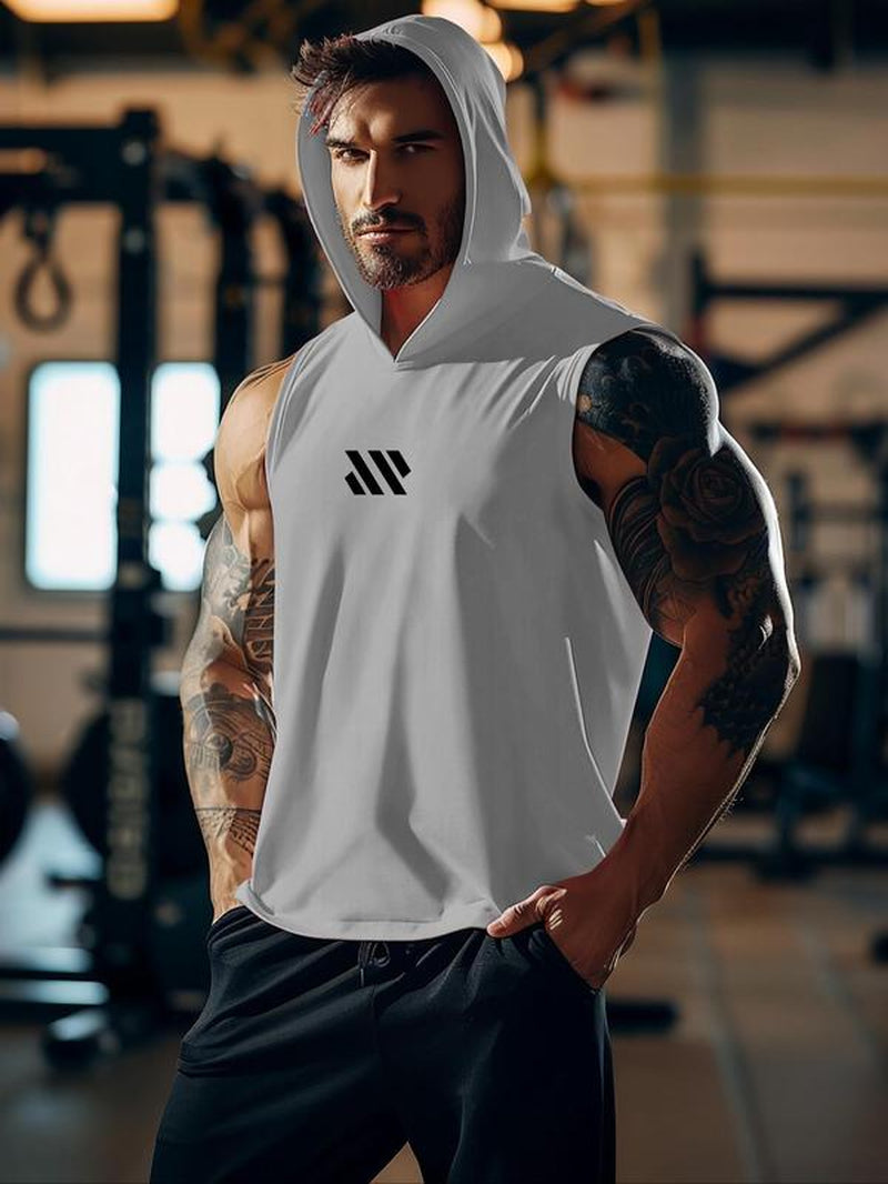 Men'S Geometric Print Hooded Cycling Tank Top, Regular Fit Comfy Breathable Sleeveless Sports Top, Activewear & Sportswear for Gym Workout Running Exercise, Workout Clothes, Gym Clothing, Gym Clothes