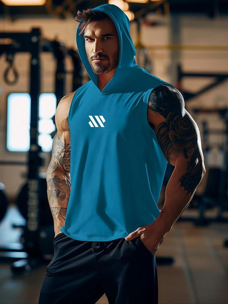 Men'S Geometric Print Hooded Cycling Tank Top, Regular Fit Comfy Breathable Sleeveless Sports Top, Activewear & Sportswear for Gym Workout Running Exercise, Workout Clothes, Gym Clothing, Gym Clothes