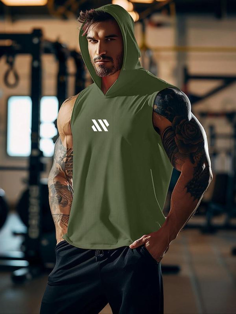 Men'S Geometric Print Hooded Cycling Tank Top, Regular Fit Comfy Breathable Sleeveless Sports Top, Activewear & Sportswear for Gym Workout Running Exercise, Workout Clothes, Gym Clothing, Gym Clothes
