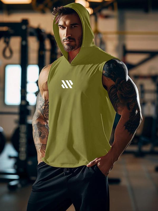 Men'S Geometric Print Hooded Cycling Tank Top, Regular Fit Comfy Breathable Sleeveless Sports Top, Activewear & Sportswear for Gym Workout Running Exercise, Workout Clothes, Gym Clothing, Gym Clothes
