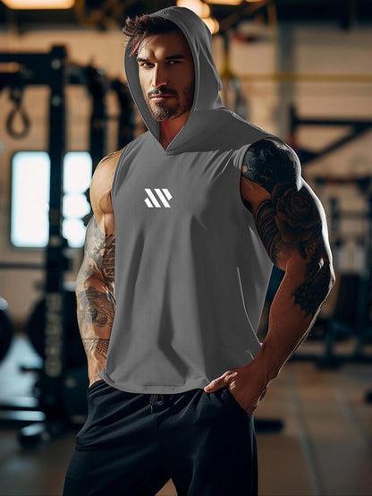 Men'S Geometric Print Hooded Cycling Tank Top, Regular Fit Comfy Breathable Sleeveless Sports Top, Activewear & Sportswear for Gym Workout Running Exercise, Workout Clothes, Gym Clothing, Gym Clothes