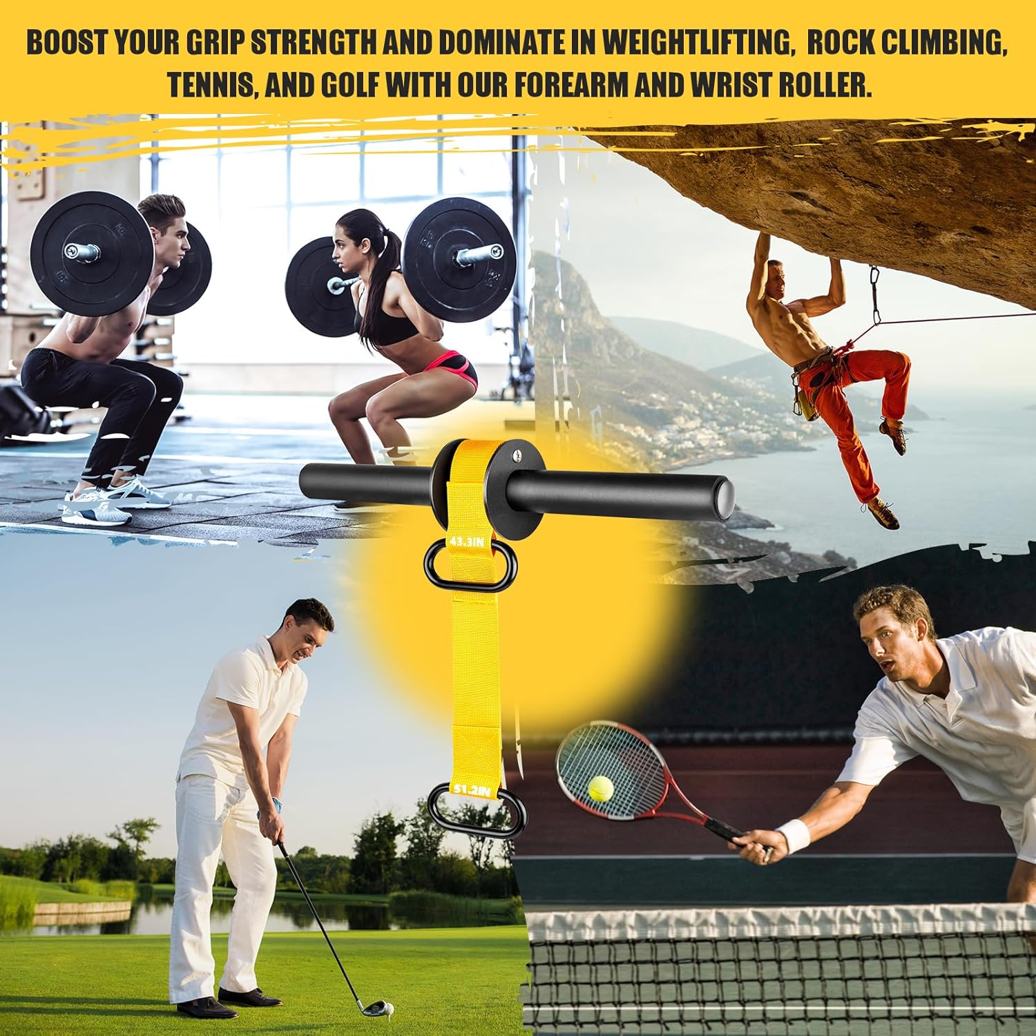 Forearm Strengthener and Wrist Roller, 43.3 in or 51.2 in Ultra-Strong Nylon Webbing Wrist & Forearm Blaster with Quick Locking Mechanism, Durable Anti-Slip Grip Handles for Forearm Strength Training