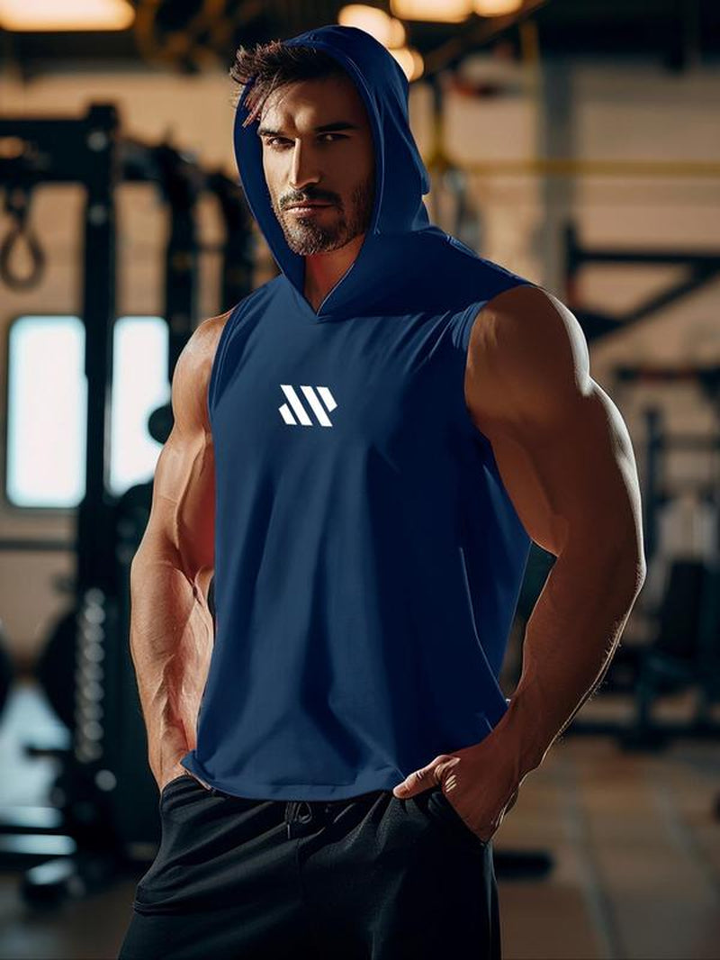 Men'S Geometric Print Hooded Cycling Tank Top, Regular Fit Comfy Breathable Sleeveless Sports Top, Activewear & Sportswear for Gym Workout Running Exercise, Workout Clothes, Gym Clothing, Gym Clothes