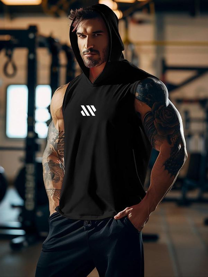 Men'S Geometric Print Hooded Cycling Tank Top, Regular Fit Comfy Breathable Sleeveless Sports Top, Activewear & Sportswear for Gym Workout Running Exercise, Workout Clothes, Gym Clothing, Gym Clothes